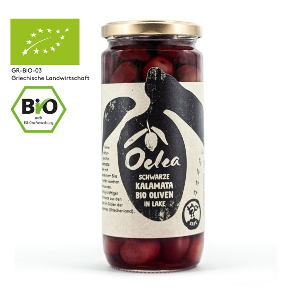Oelea Premium Kalamata Bio-Oliven 300 g mit Stein in Lake aus Griechenland