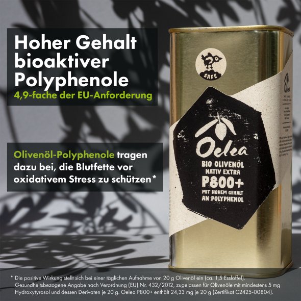 Oelea Bio Olivenöl nativ extra P800+ mit hohem Gehalt an Polyphenol 500 ml Kanister