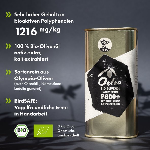 Oelea Bio Olivenöl nativ extra P800+ mit hohem Gehalt an Polyphenol 500 ml Kanister